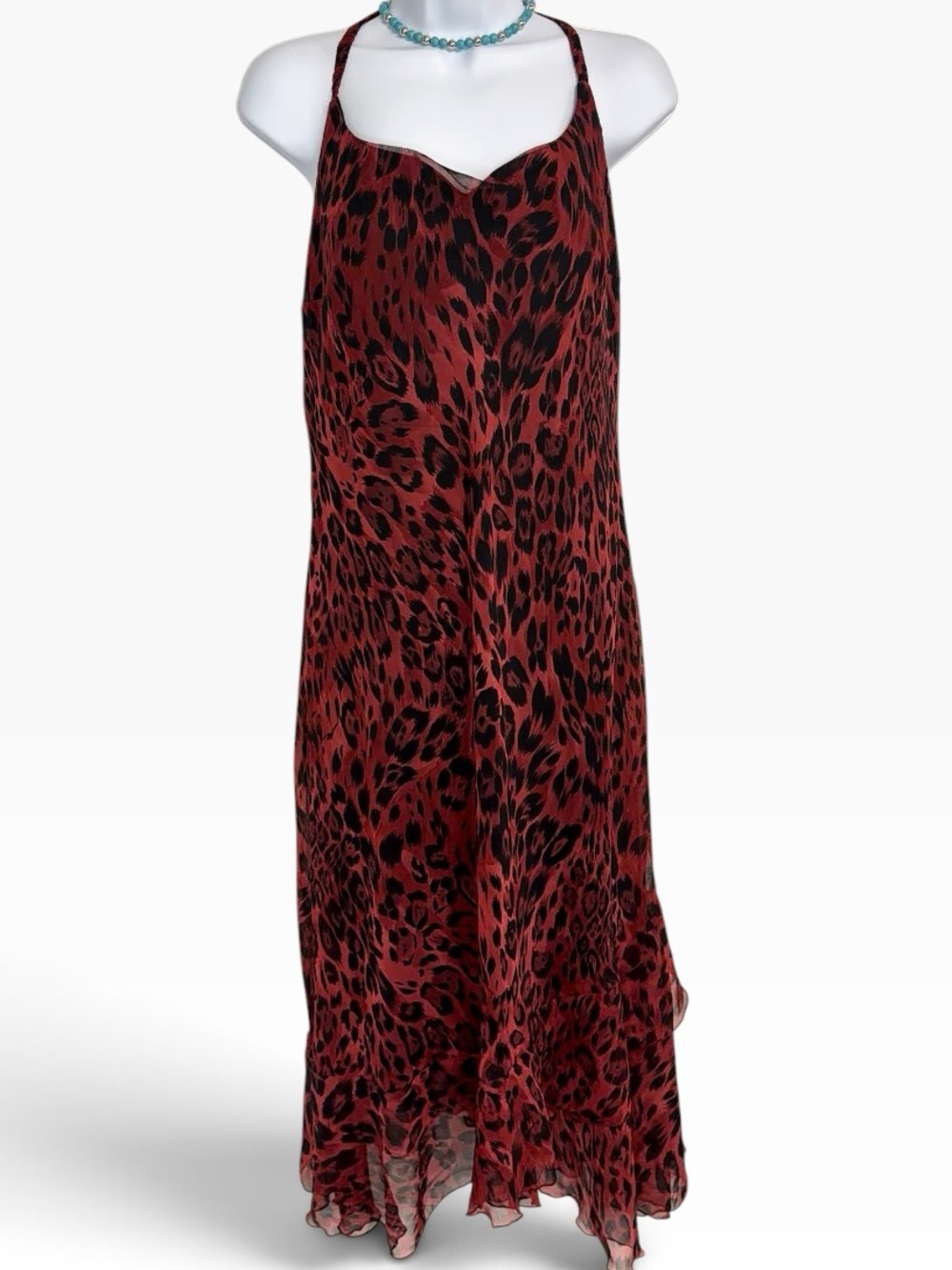 Red leopard print spaghetti strap statement dress Size 14 with ruffle hem